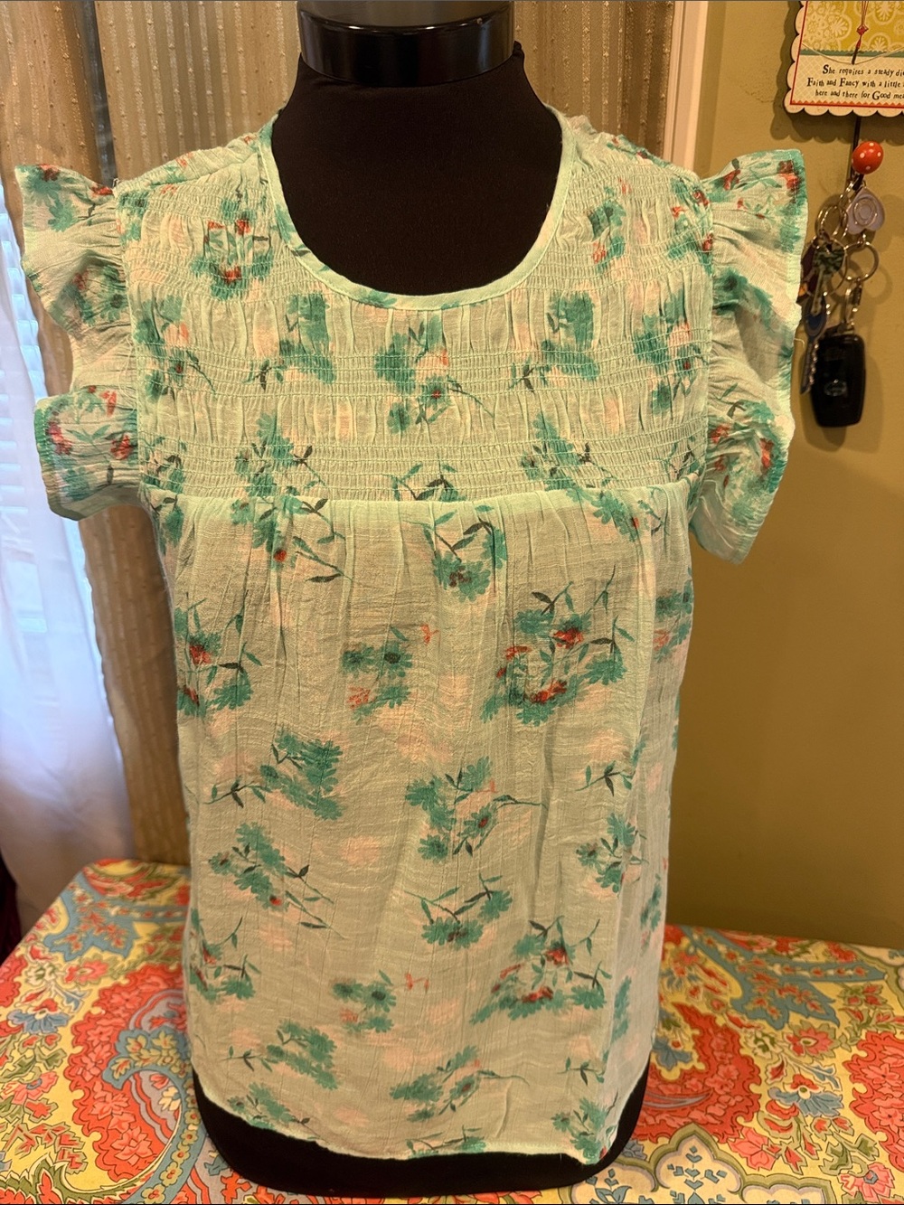 Nanette Lepore Mint Floral Smocked Ruffle Sleeve Top